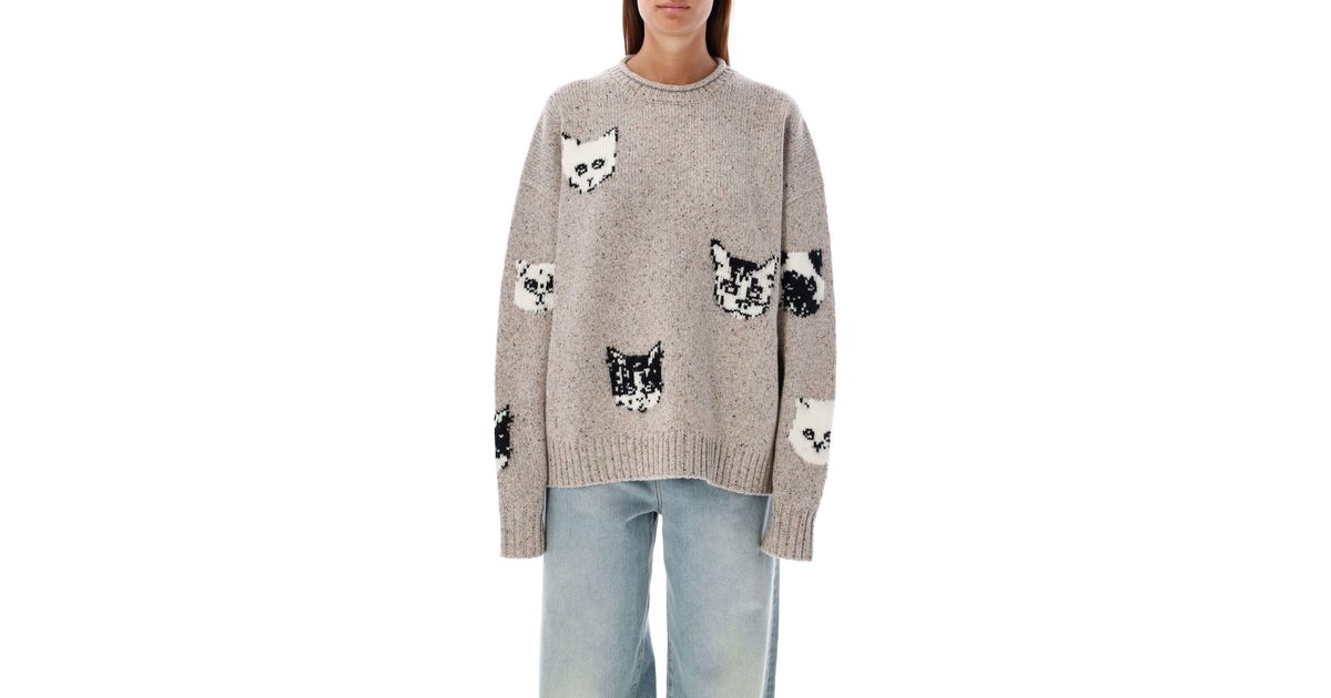 Acne Studios Oversized Cat Embroidered Wool Sweater in Blue