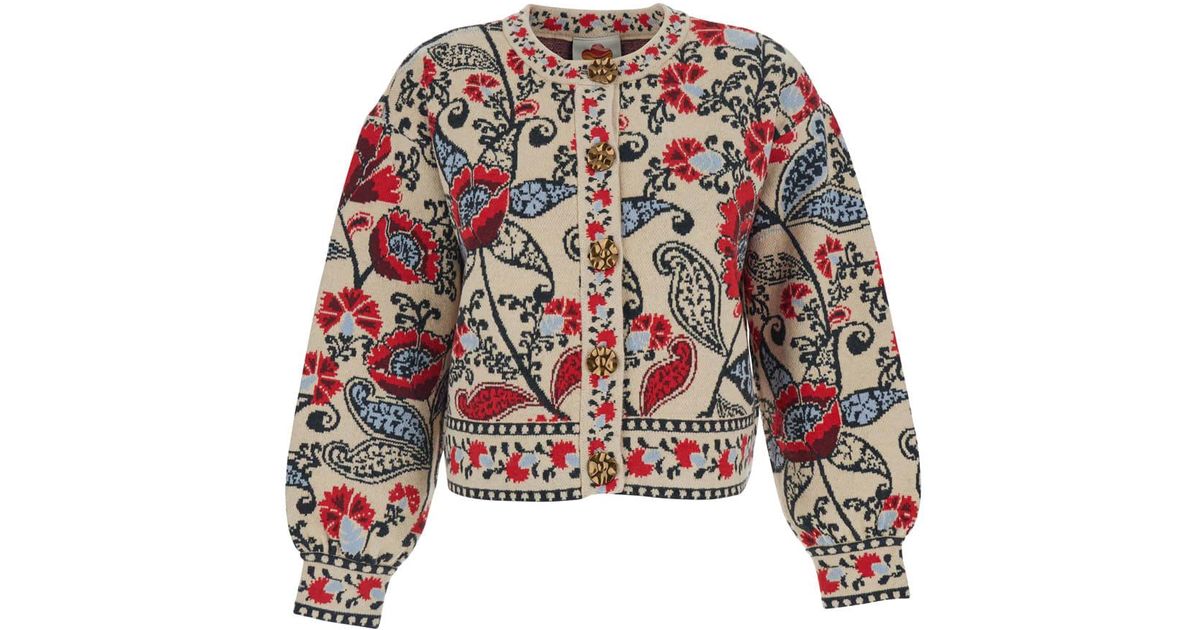 FARM Rio Round Neck Cardigan With Floral Motif in Red | Lyst