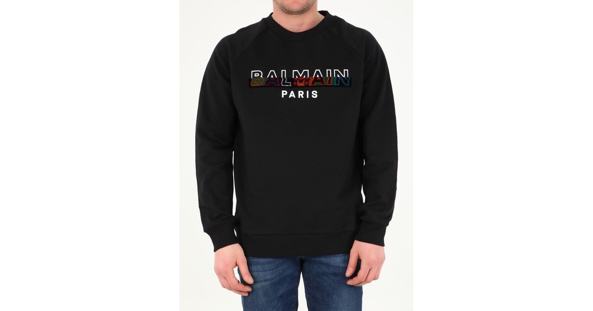 Balmain Cotton Black Sweatshirt With Multicolor Logo for Men 