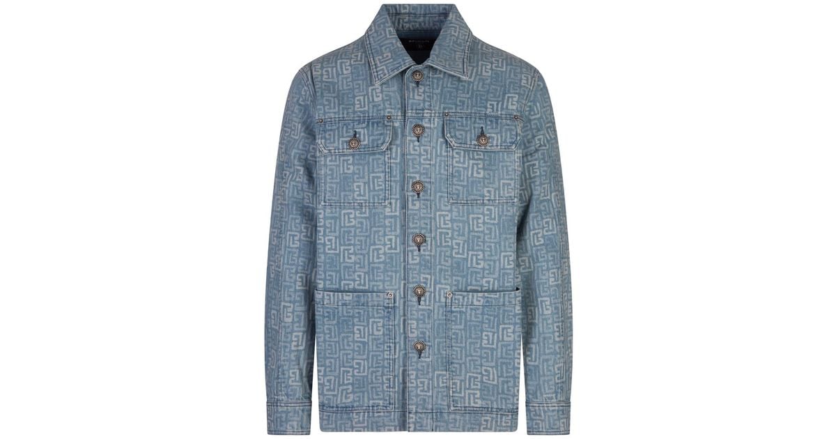 Balmain Medium Denim Jacket With Monogram Pattern in Blue for Men | Lyst UK