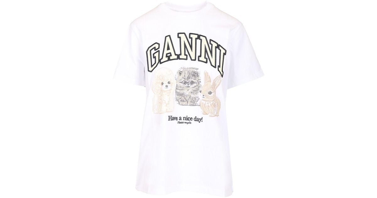 Ganni Basic Cotton Jersey Animals Relaxed T-Shirt in White