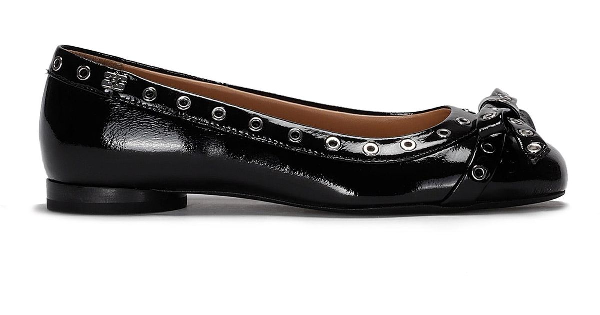 Ganni Eyelets Bow Ballerina Naplack in Black | Lyst