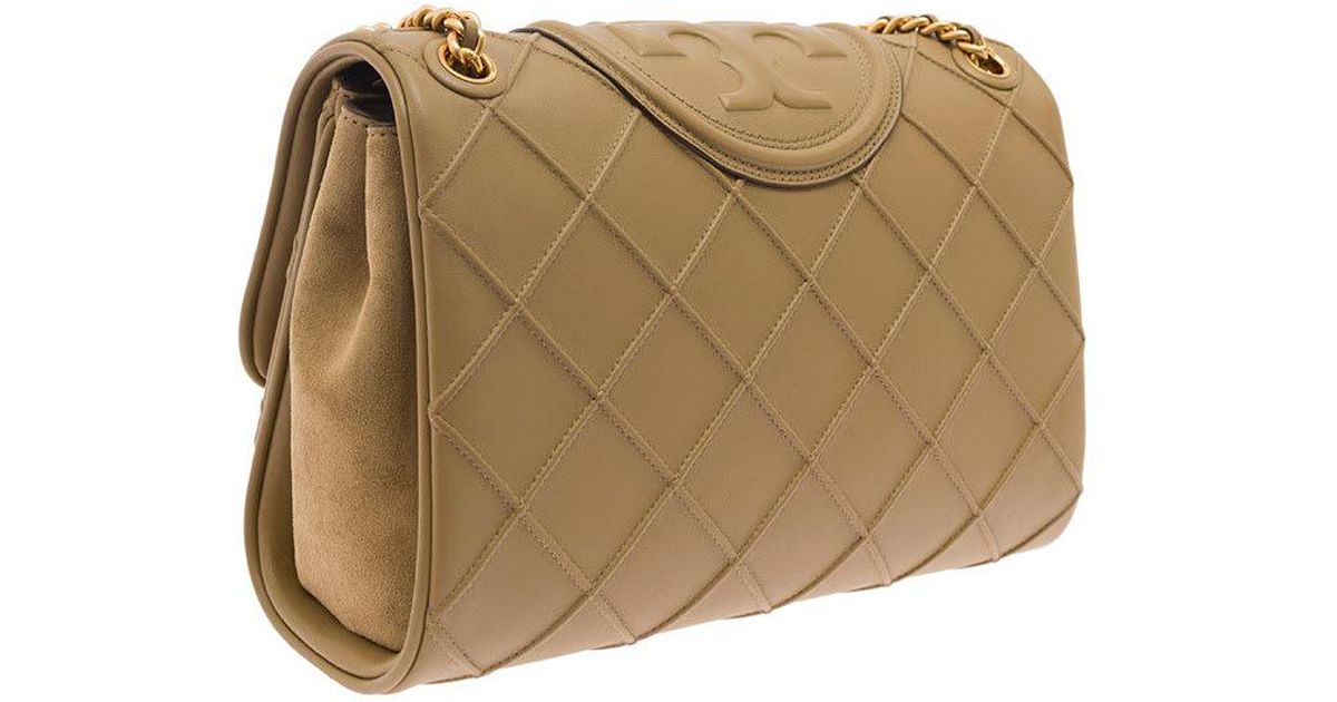 Tory Burch Fleming Convertible Beige Shoulder Bag With Diamondshaped