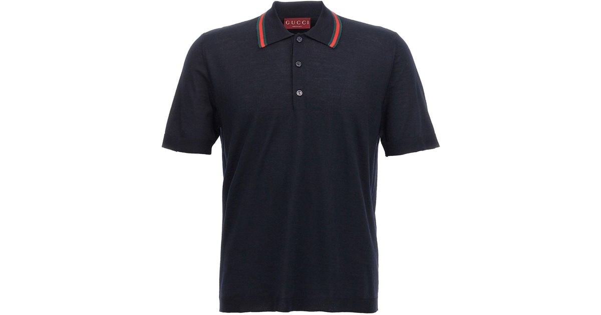 Black Ribbon Ribbed Gucci Web Ribbon Collar Polo Shirt in Blue | Lyst