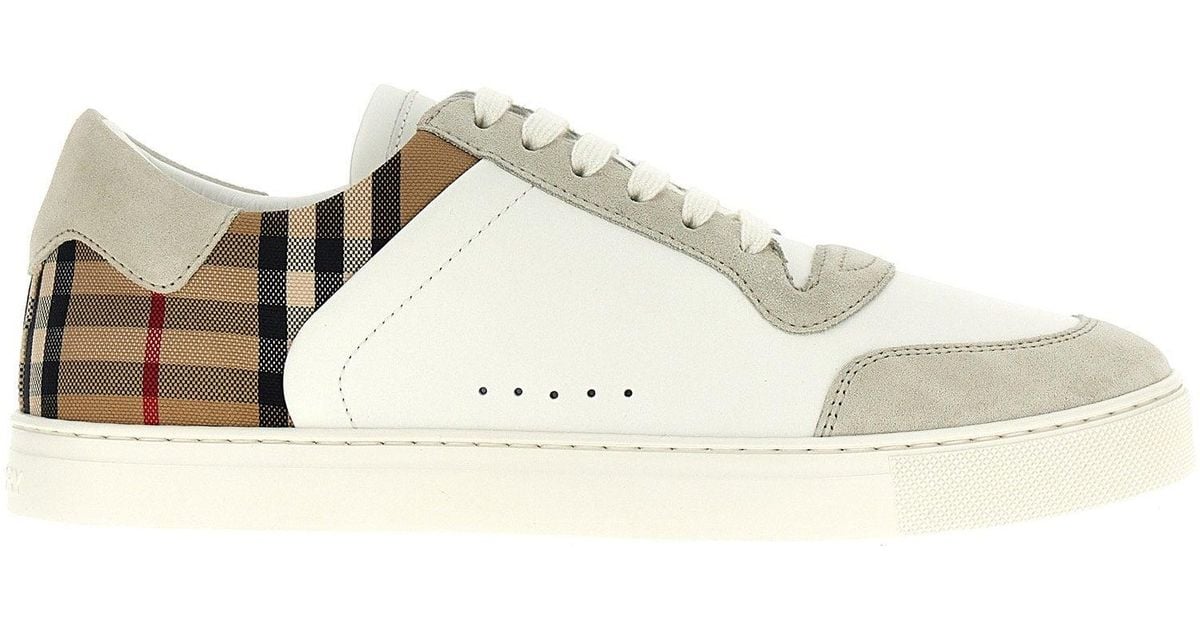 Burberry Check-Print Leather And Suede Sneaker in White for Men | Lyst