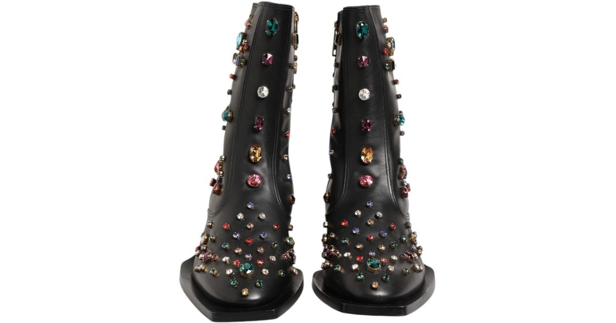 Dolce & Gabbana Gem Embellished Leather Ankle Boots in Black 
