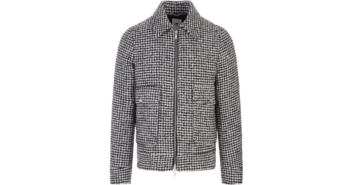 PT01 Black And White Houndstooth Fabric Bomber Jacket in Gray for Men ...