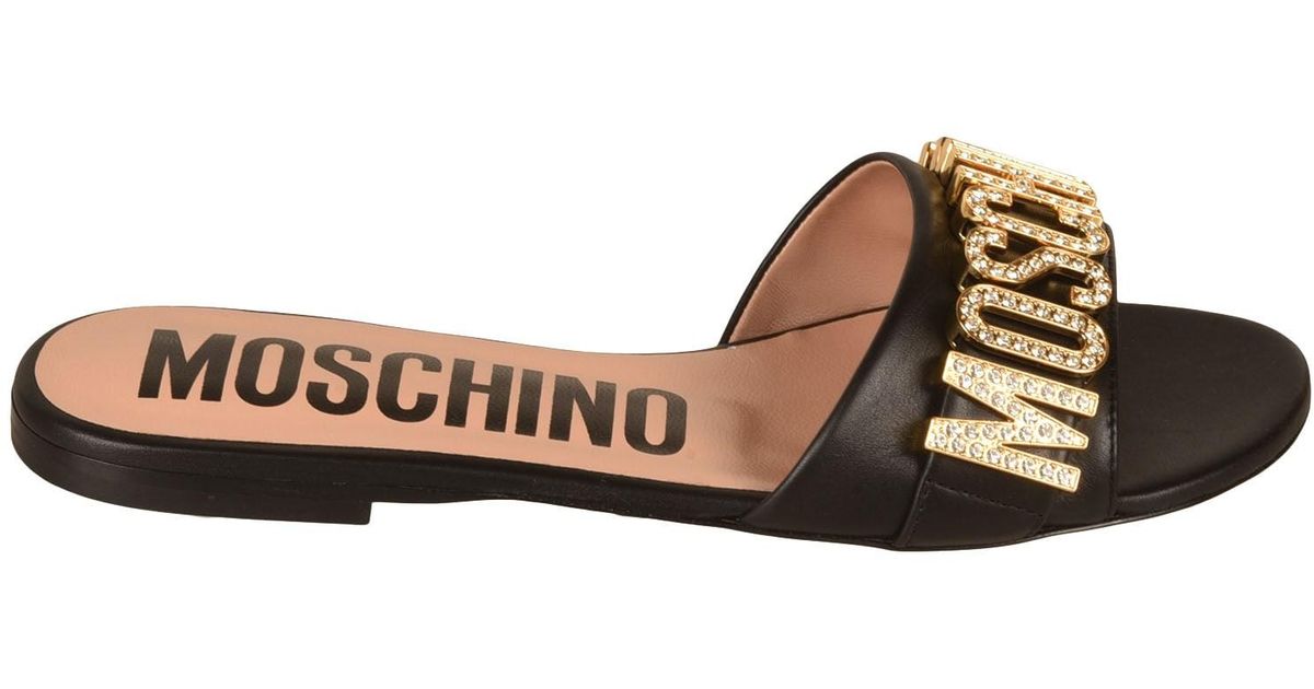 Moschino Logo Embellished Sliders in Brown | Lyst