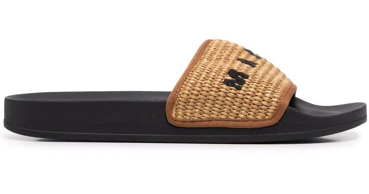 brown woven slides