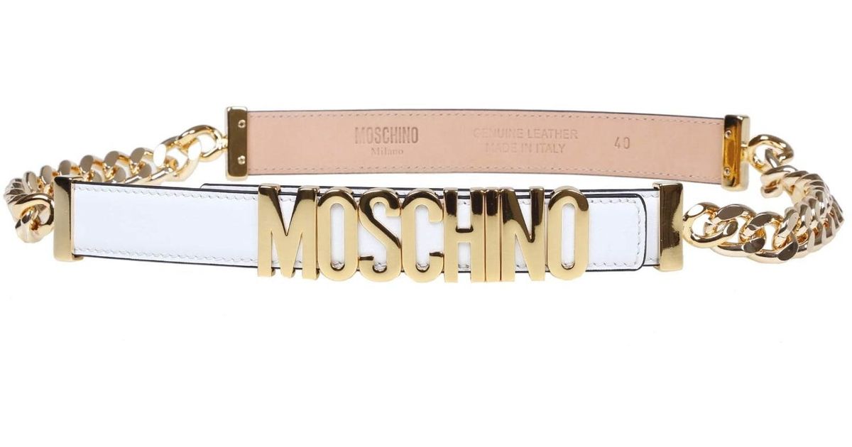 Moschino Leather Belt With Lettering Logo in White | Lyst UK