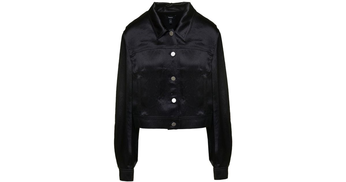Theory Black Cropped Shirt With Buttons In Satin Fabric | Lyst