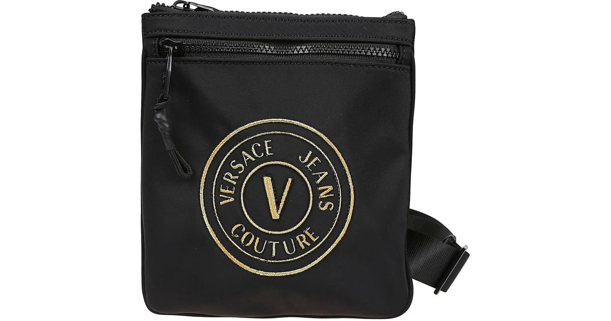 Versace Jeans Men's V-Emblem Logo Couture Black Crossbody Bag - Messenger