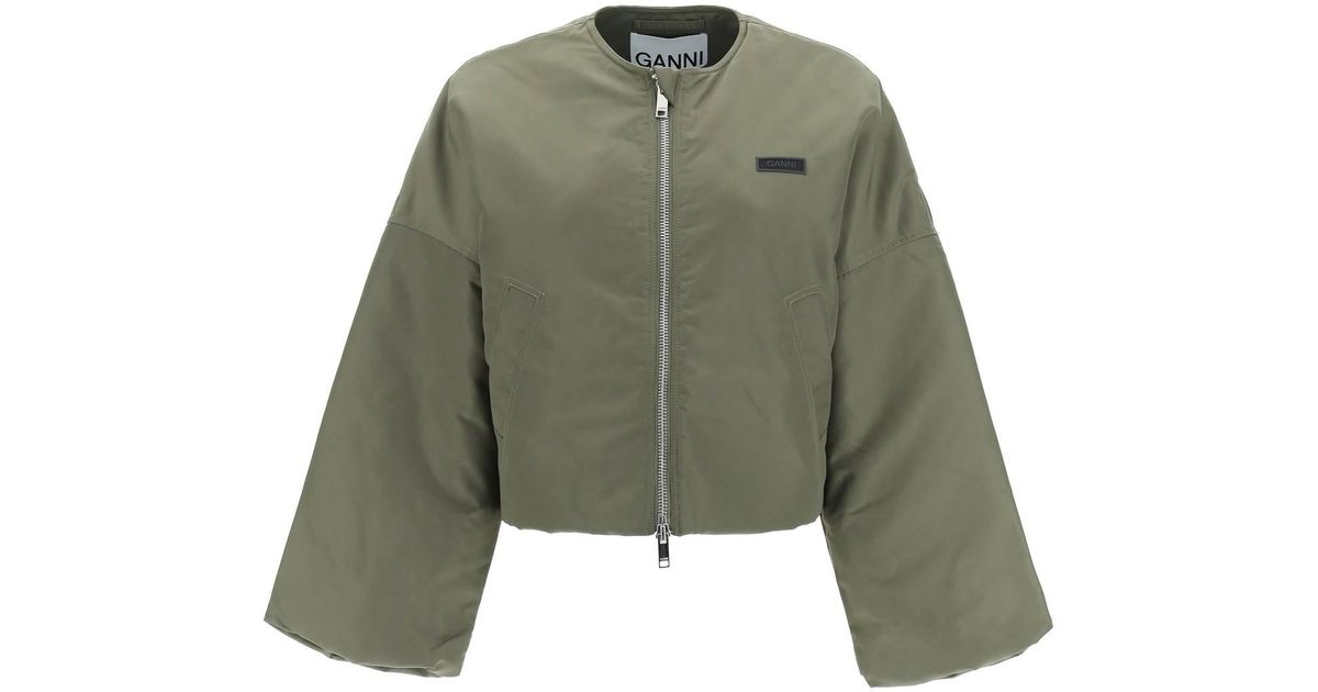 Ganni Cropped Bomber Jacket in Green | Lyst