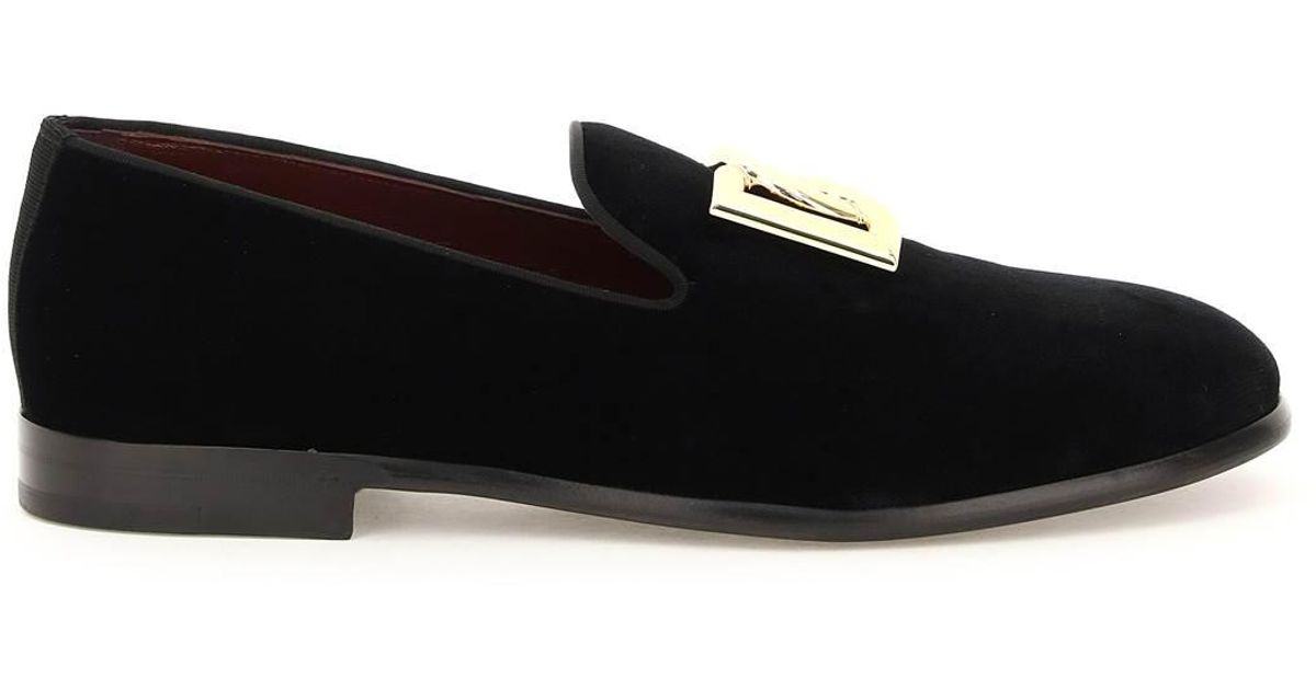 Dolce & Gabbana Leonardo Velvet Loafers With Logo in Black (Black 