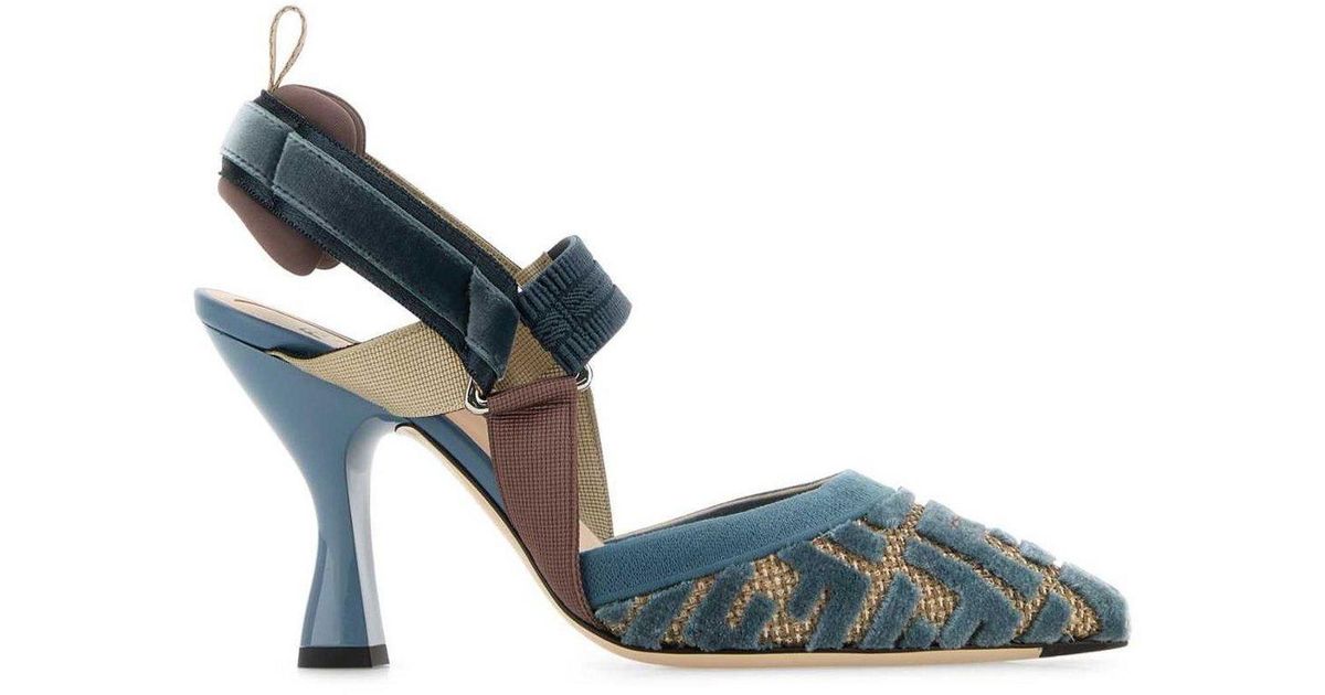 Fendi Colibrì Ff Embroidered Slingback Velvet Pumps in Blue