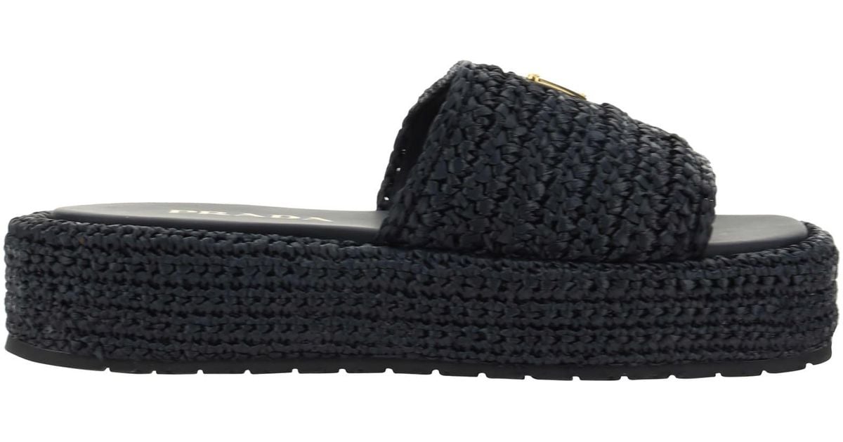 Prada Crocheted Raffia-effect Flatform Slides in Black | Lyst
