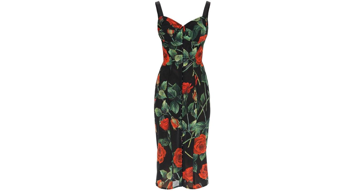 Dolce & Gabbana Rose Print Midi Dress in Green | Lyst