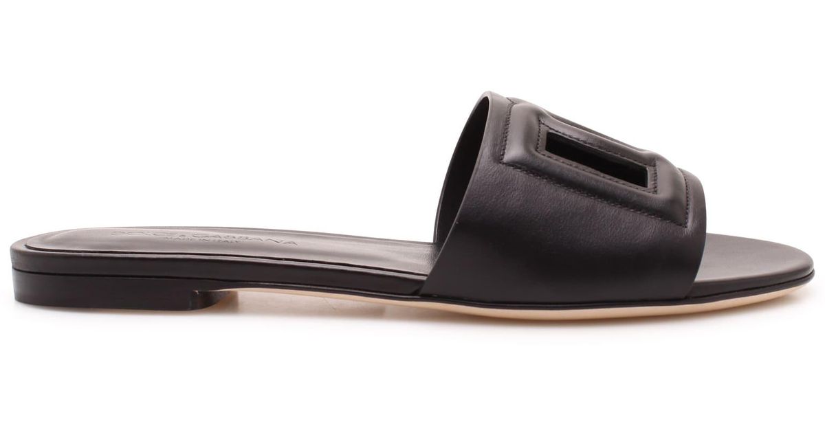 Dolce & Gabbana Leather Dg Millenials Logo Flat Sandals in Black | Lyst UK