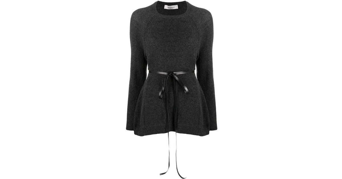 Black Ribbon Ribbed Valentino Ribbon-Belted Wool-Cashmere Sweater in Black | Lyst