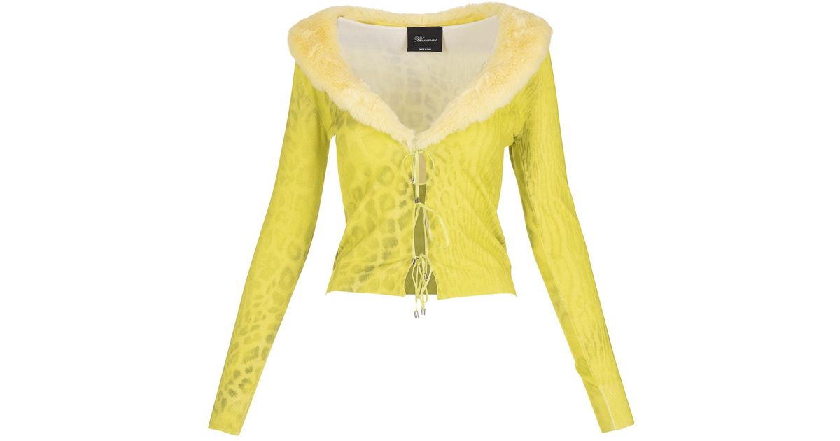 Blumarine Synthetic Yellow Printed Cardigan With Eco-mink | Lyst