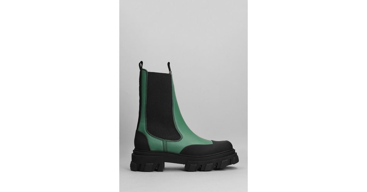 Ganni Cleated Mid Chelsea Combat Boots In Green Leather Lyst