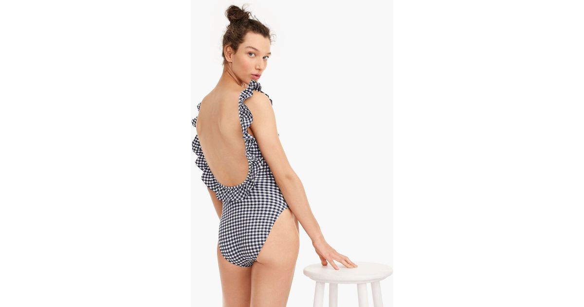 J Crew Synthetic Ruffled Scoopback One Piece Swimsuit In Puckered Gingham In Blue Lyst