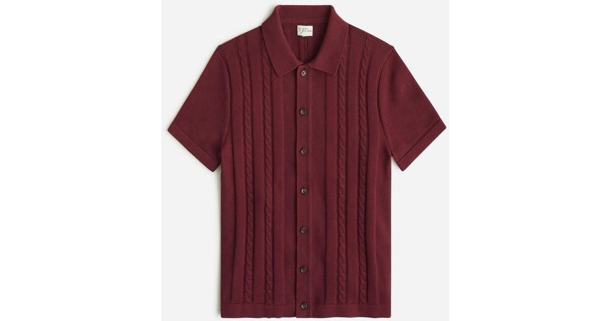 Cotton Cable-knit Short-sleeve Polo Cardigan Sweater in Red