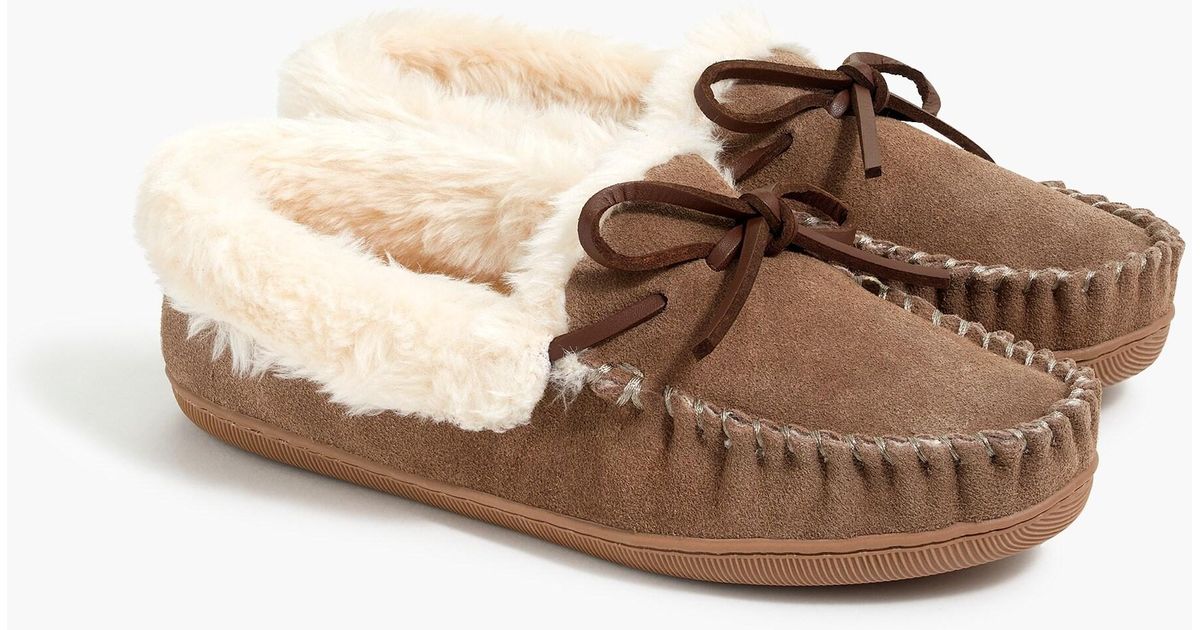 J.Crew Suede Fauxshearling Moccasin Slippers in Ash (Brown) Lyst