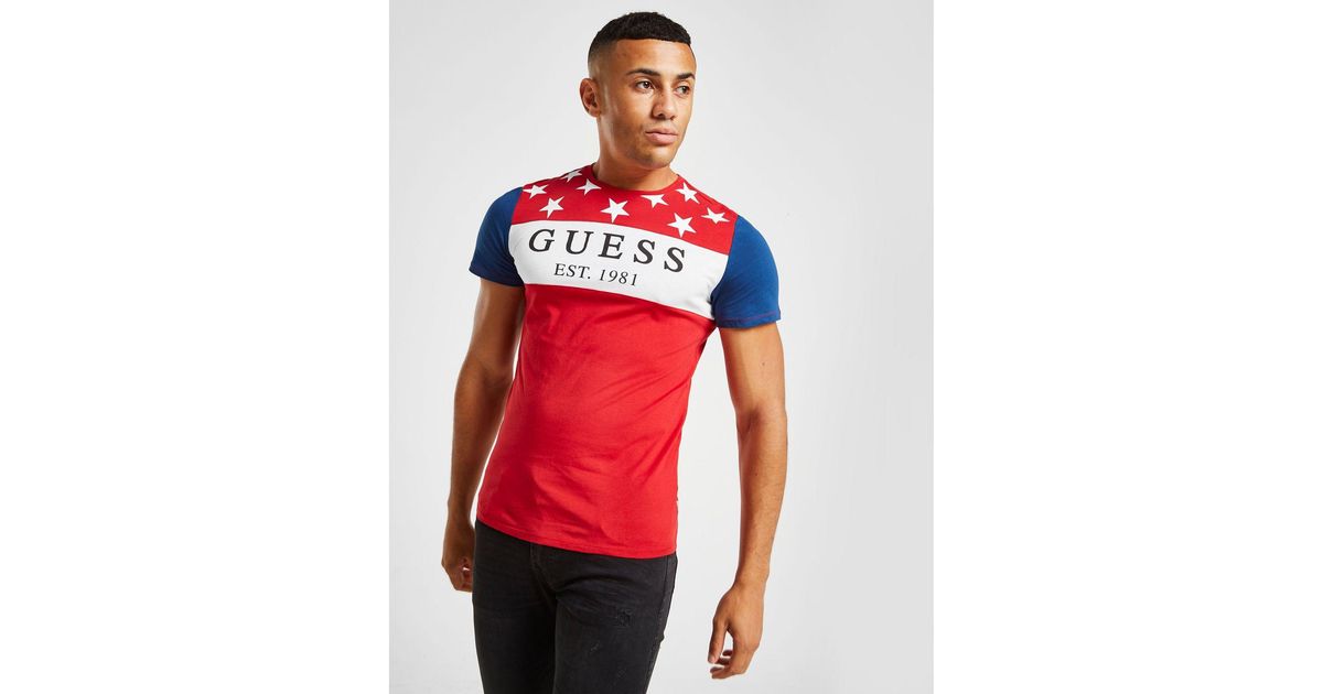 guess red and blue striped shirt