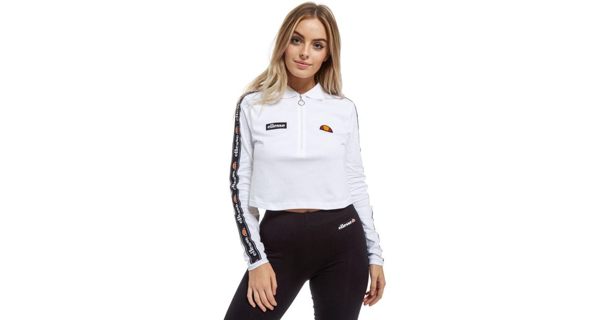 Long Sleeve Crop Polo Top in White 