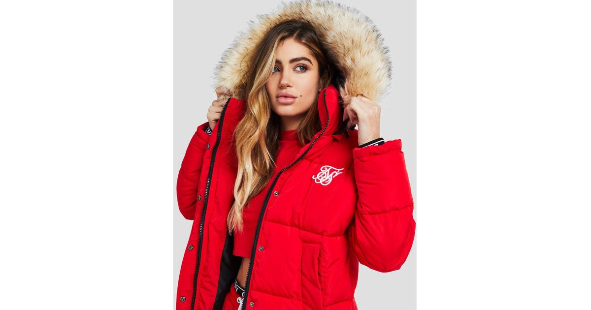 siksilk fur hood padded jacket red