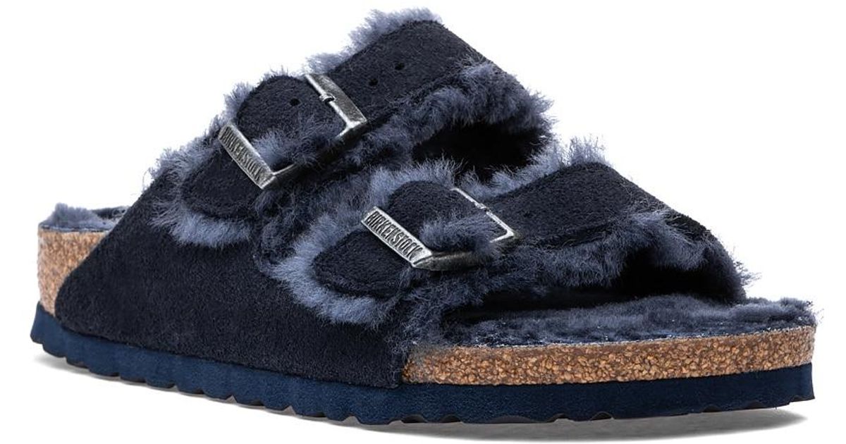 navy shearling birkenstocks