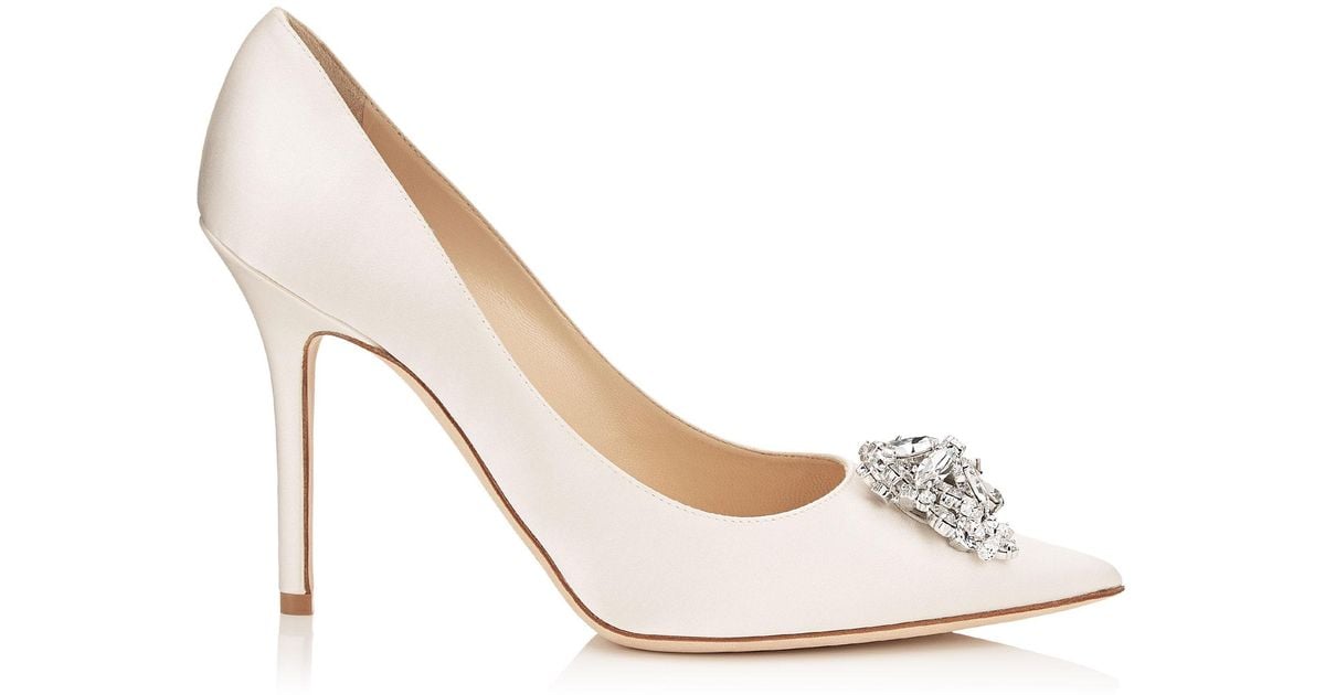 Jimmy Choo Abel Ivory Satin Pointy Toe Pumps With Crystal Detail Biege 34.5  in White | Lyst
