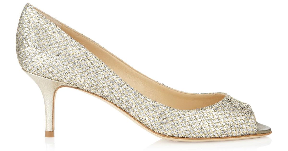 Jimmy Choo Isabel Champagne Glitter Fabric Peep Toe Pumps in Metallic | Lyst