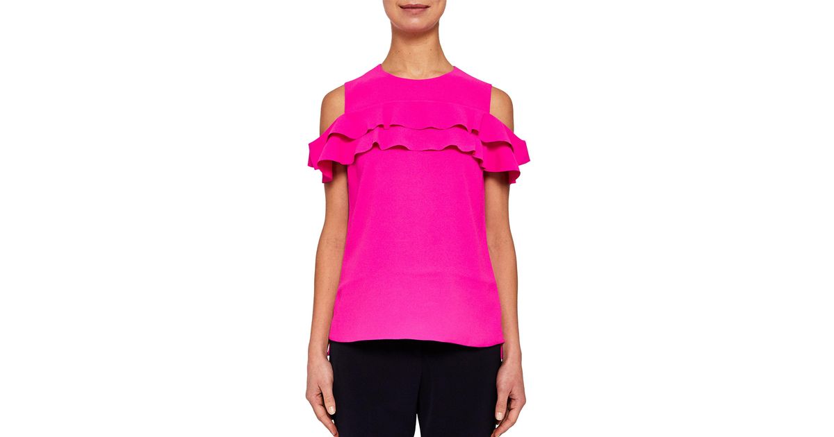Ted Baker Synthetic Hopee Cold Shoulder Double Frilled Top in Bright Pink  (Pink) - Lyst