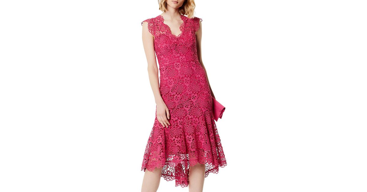 Karen Millen Peplum Hem Lace Dress in Pink - Lyst