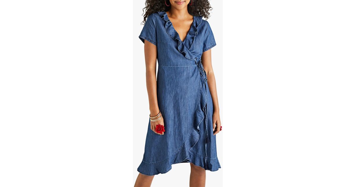 yumi frill wrap denim dress