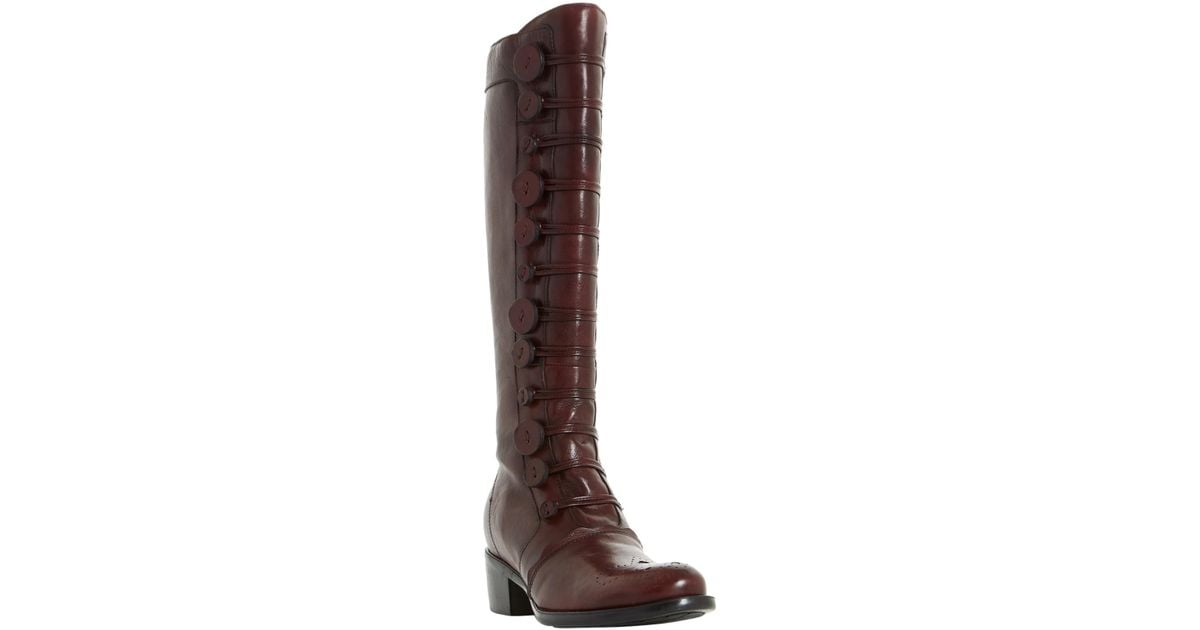 Dune Leather Pixie D Button Detail Knee High Boots in Burgundy Leather (Brown) - Lyst