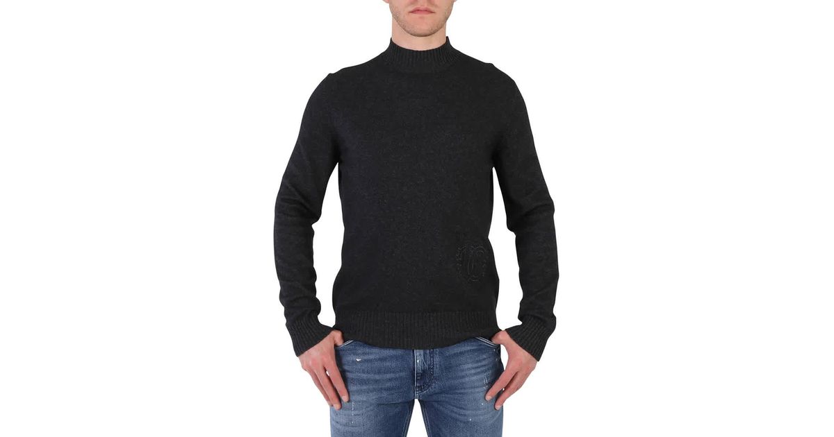 Roberto Cavalli Dark Grey High Neck Logo Sweater in Black for Men | Lyst