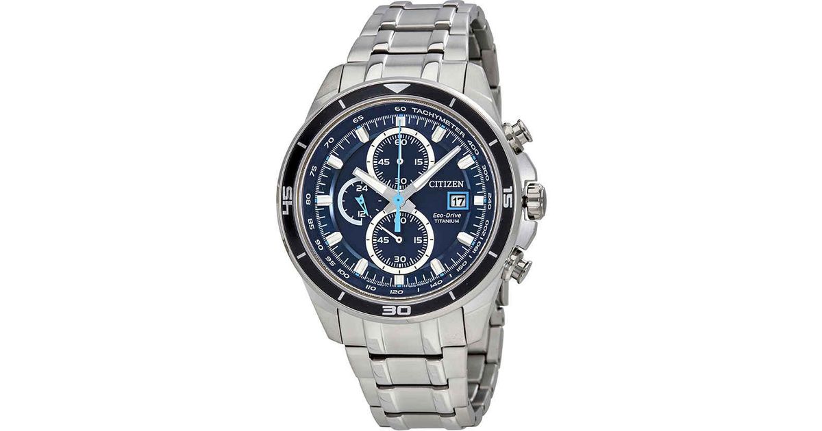 citizen men's blue dial black ip chronograph bracelet watch