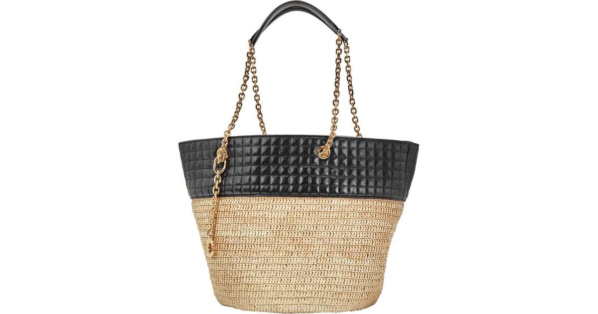 Celine Raffia And Calfskin Medium Quilted Basket Bag in Black | Lyst UK