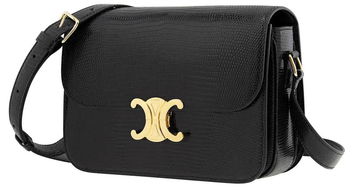 Celine Leather Ladies Lizard Medium Triomphe Shoulder Bag in Black,Gold