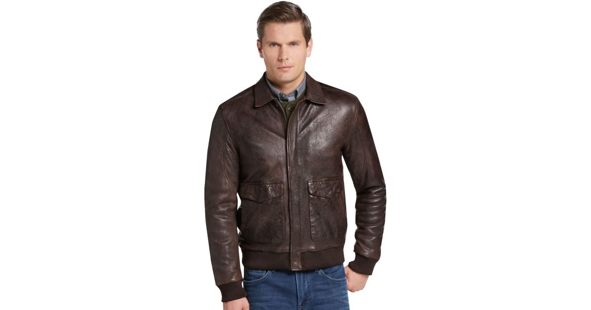 Jos A Bank Brown 1905 Collection Tailored Fit Leather Er Jacket For Men