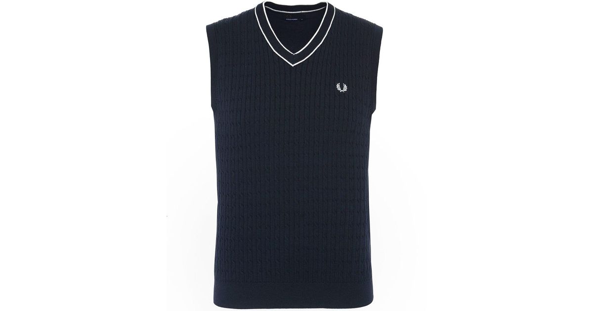 Fred Perry Cotton Cable Knit V-neck Tank Top in Navy (Blue) for Men - Lyst