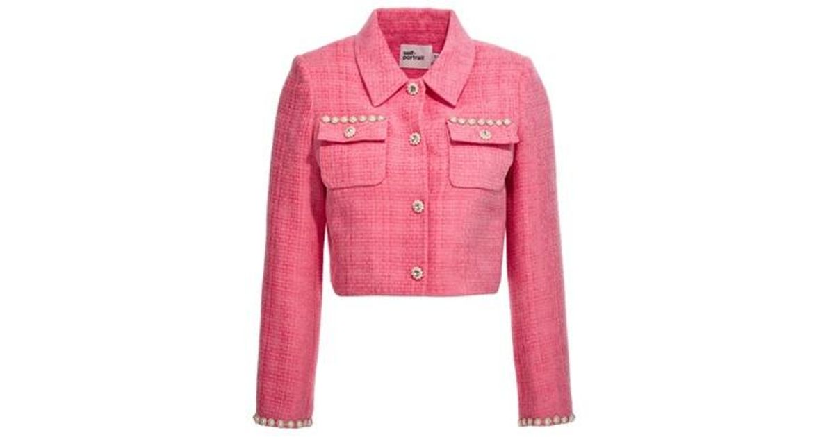 Self-Portrait 'boucle' Cropped Jacket in Pink | Lyst