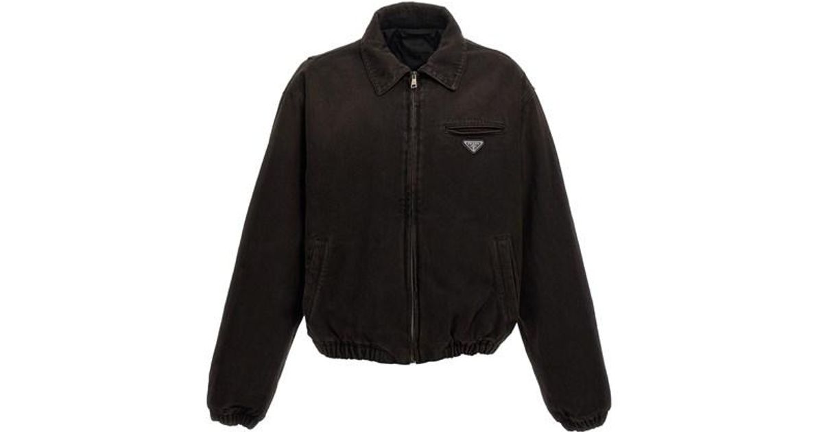 Prada Logo Denim Bomber Jacket in Black for Men | Lyst Prada Logo Denim Bomber Jacket in Black for Men | Lyst