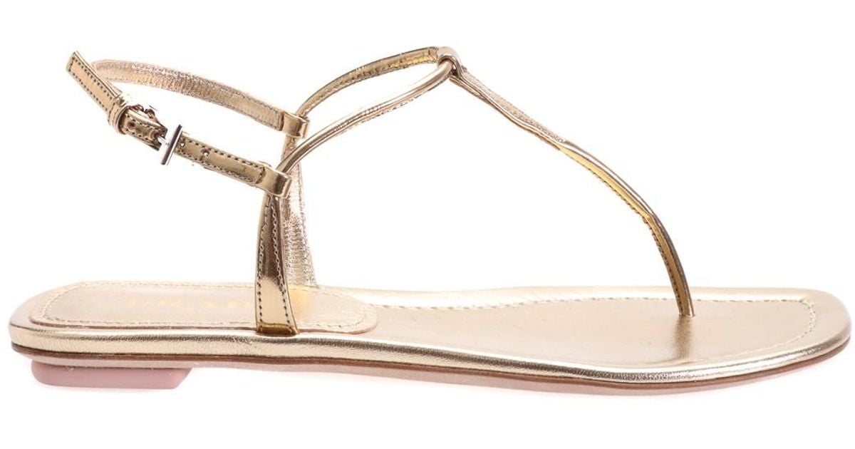 Prada T-strap Gold Sandal in Metallic | Lyst