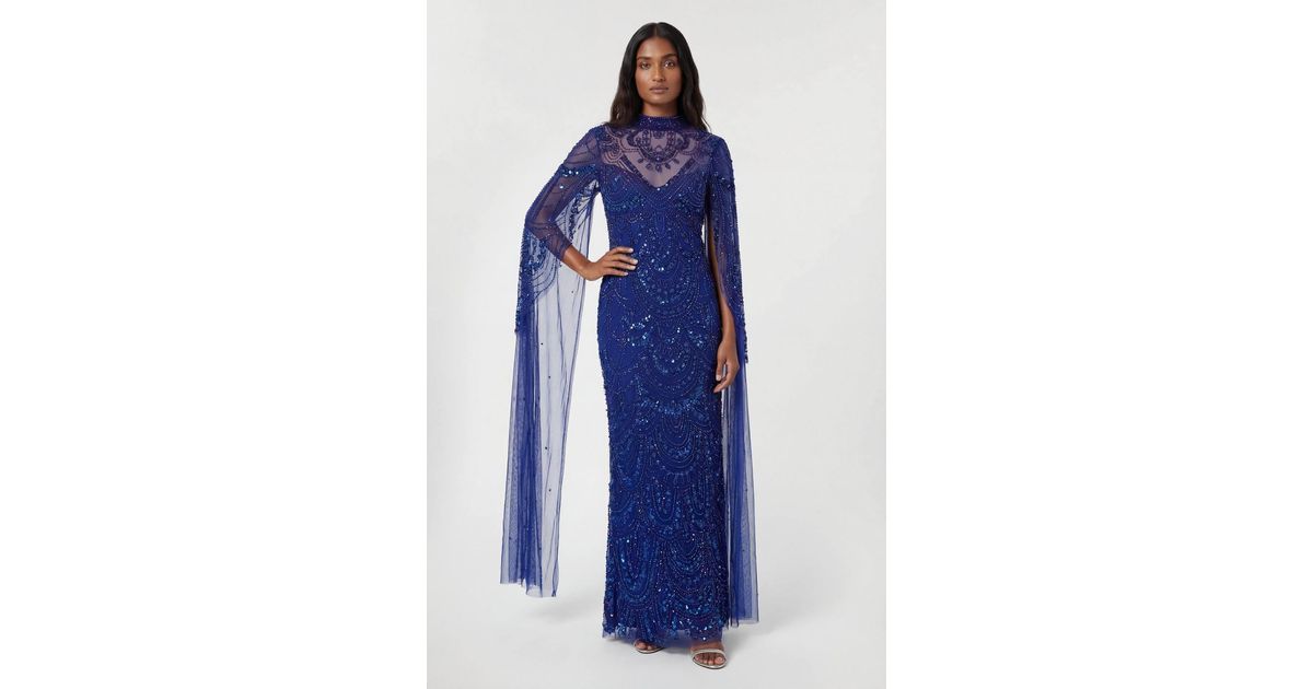 Karen Millen Petite Premium Beaded Embellished Woven Midaxi Cape Dress in Blue