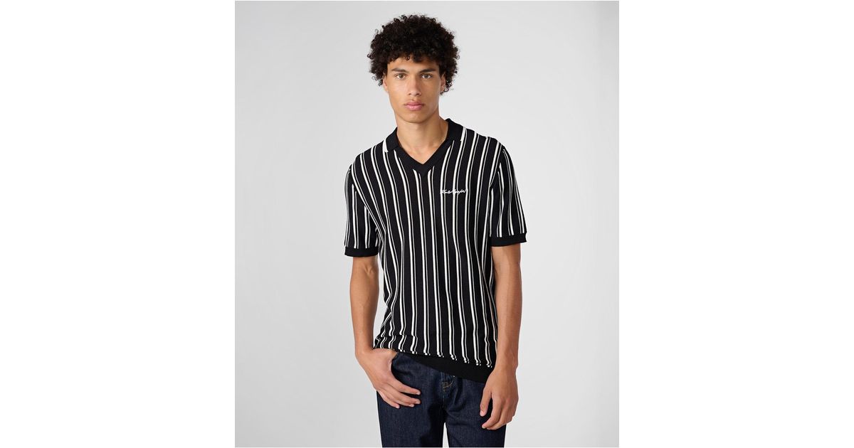Karl Lagerfeld | Men's V-neck Knit Striped Polo Shirt | Black/white ...