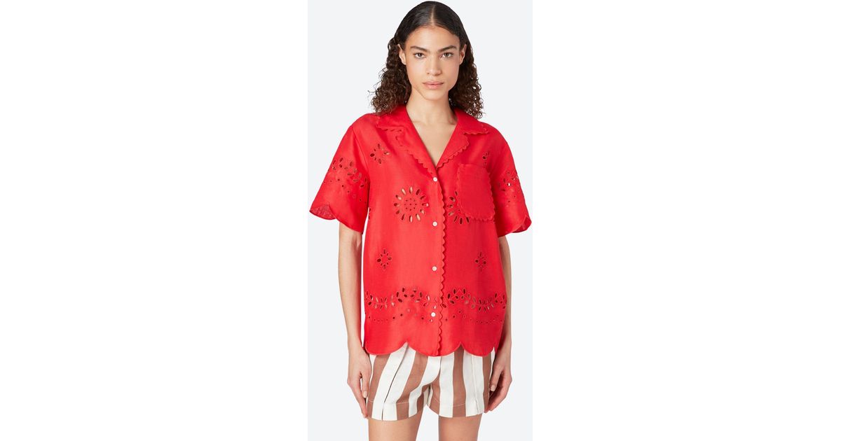 Oroton Broderie Camp Shirt in Red | Lyst UK
